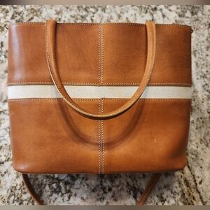 Guia's Italian Leather Tote / Crossbody, Camel Tan w/ Cream Fabric Stripe, EUC